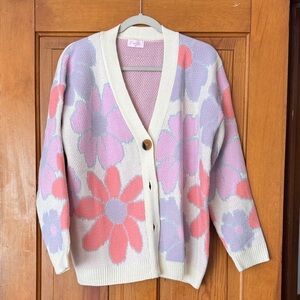 Pink Lily Floral Cardigan in Cream, Pink, and Purple